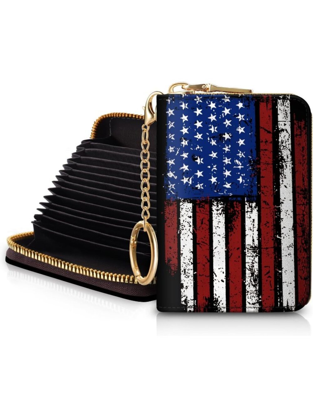 Women American Flag RFID Credit Card Holder Bird Keychain Travel Zipper Wallet